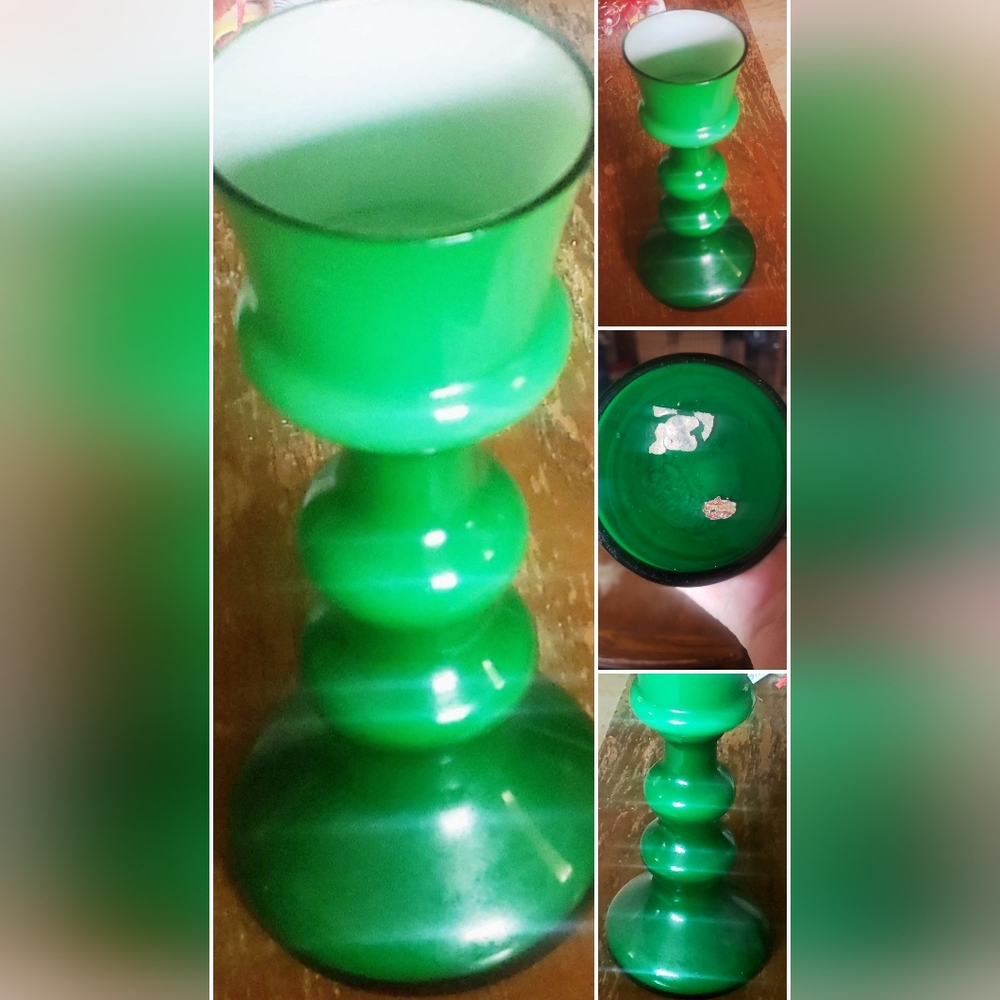 MCM 7" EMPOLI ITALY GREEN & WHITE CASED GLASS HOOPED VASE